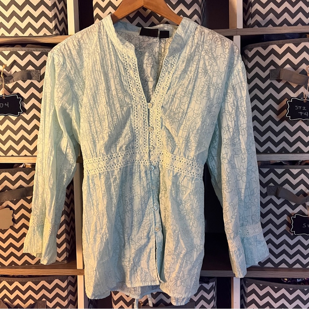 ALC Blue 3/4 Sleeve Ruched Blouse with Mandarin Collar